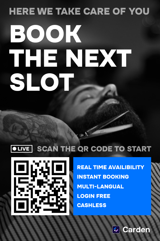 The Carden poster in a salon window: “Book the next slot — scan the QR code to start”