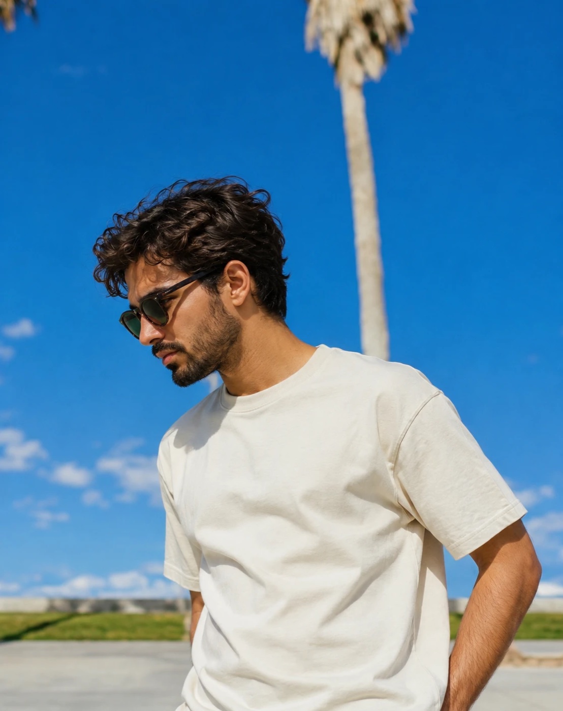 Un uomo con i capelli ricci e occhiali da sole, t-shirt écru, una palma e il cielo azzurro alle spalle