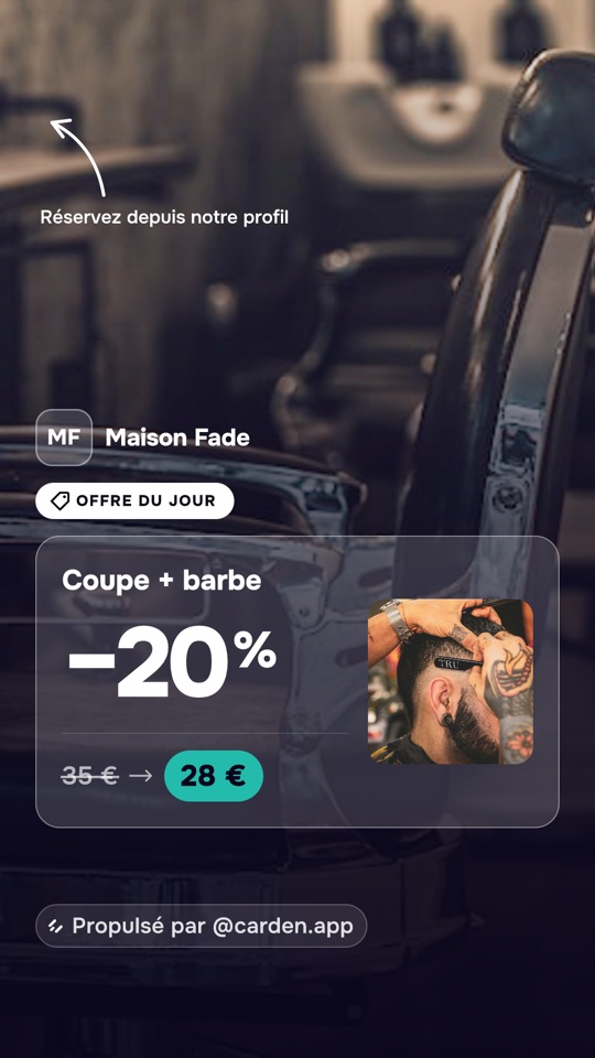 Story from a barbershop with the offer of the day: cut and beard down from €35 to €28, with a photo of the service