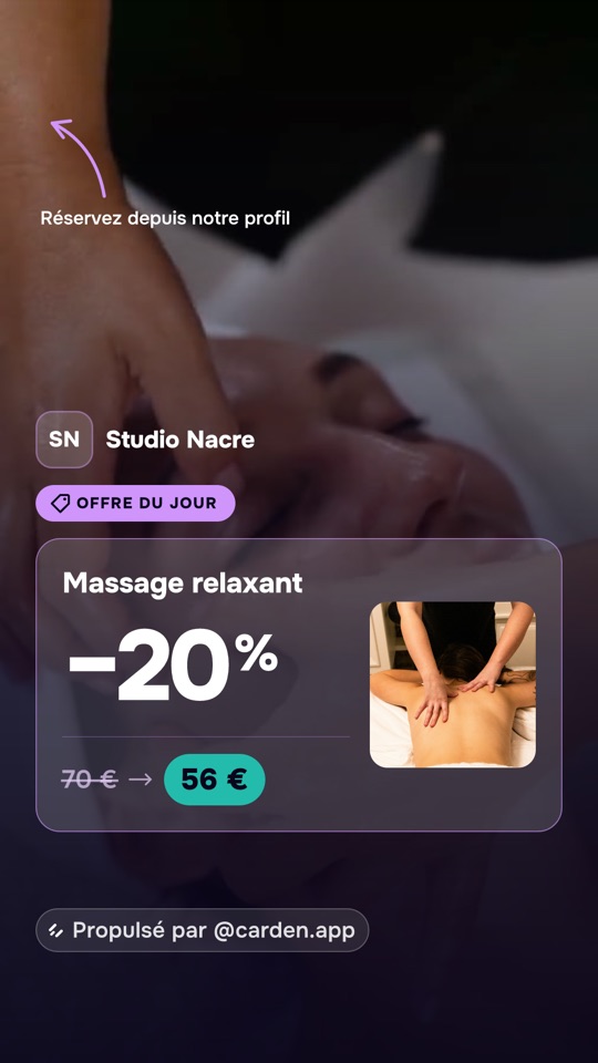 Storia «Offerta del giorno» di un centro estetico: massaggio rilassante da 70 € a 56 €, con la foto del trattamento